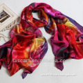 2014 latest flower printed handroll hem satin silk shawl